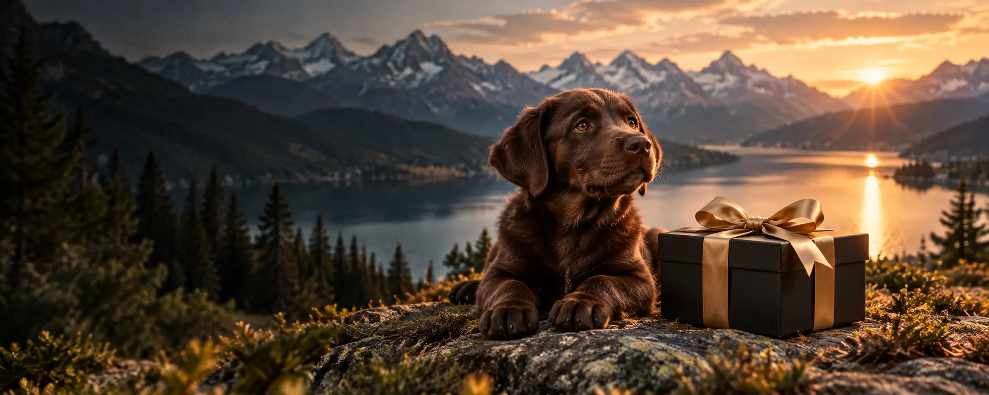 Rocky, a chocolate Labrador puppy, beside a black gift box in the Swiss Alps